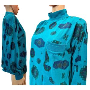 80s Teal Aztec Print Mock Neck Sweatshirt Soft Oversized Cotton Blend Top S - Fashionconservatory.com