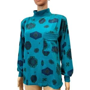 80s Teal Aztec Print Mock Neck Sweatshirt Soft Oversized Cotton Blend Top S