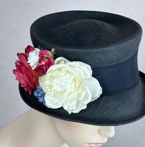 Vintage Black Straw Floral Top Hat Style