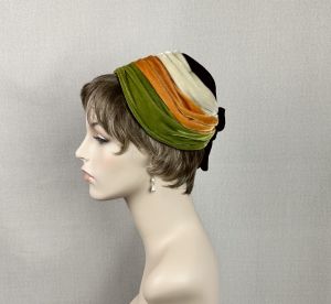 Vintage 1960s Velour Brimless Toque Style Hat, Black, Beige, Tangerine, Moss - Fashionconservatory.com