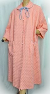 Vintage 1960s NOS Quilted Robe Salmon Pink Nylon with Blue Trim Lined Housecoat Bathrobe Button Down