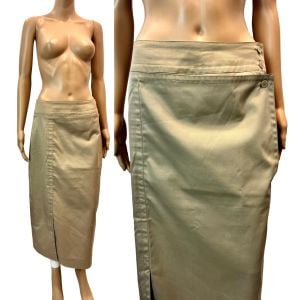 70s Khaki Midi Skirt – Wrap Front Safari Style Minimalist Lines
