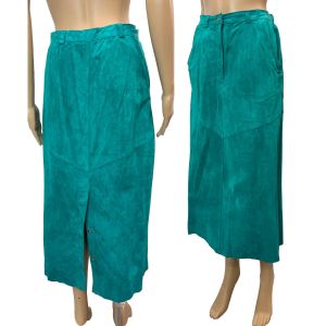 70s Blue Green Soft Suede Straight Midi Skirt | W 28''