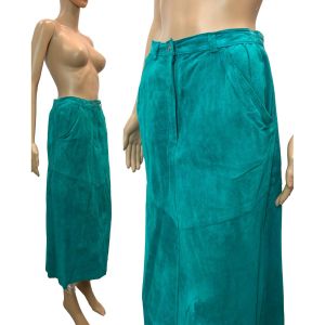 70s Blue Green Soft Suede Straight Midi Skirt | W 28'' - Fashionconservatory.com