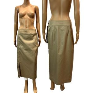 70s Khaki Midi Skirt – Wrap Front Safari Style Minimalist Lines - Fashionconservatory.com