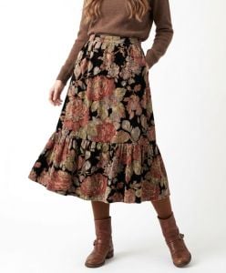 70s Romantic Ruffle Hem Floral Velvet Midi Length Prairie Skirt | XS/S