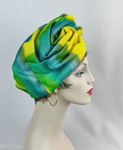 Vintage 70s Neon Blue, Green, Yellow Scrunched Turban Hat