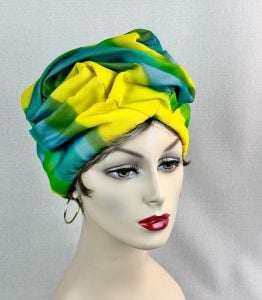 Vintage 70s Neon Blue, Green, Yellow Scrunched Turban Hat - Fashionconservatory.com