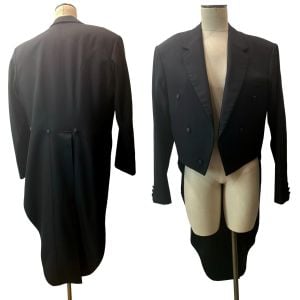 90s Black Tuxedo Jacket w Tails | Morning Coat Tailcoat | 46'' Chest 