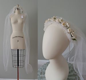 1940s bridal headband with mesh long tulle and fabric flowers
