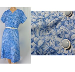 1960s Day Dress Blue Floral Print Button Front Shirtwaist Flutter Sleeves