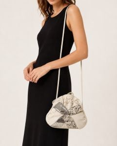 80s White Leather Pouch Shoulder Bag w Silver Snake & Pattern Criss Cross 