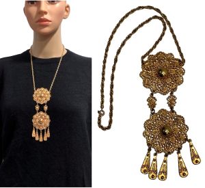 70s 80s Bohemian Large Gold Mandala Pendant Necklace w Dangle  - Fashionconservatory.com