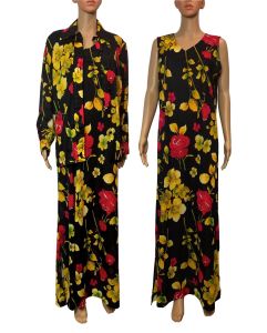 70s Black with Red & Yellow Floral Maxi Dress & Shirt Jacket Set 