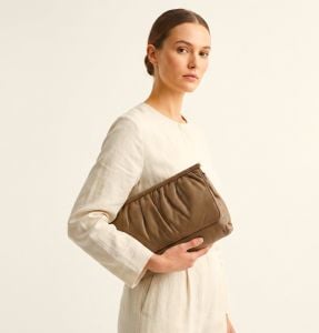 70s Taupe Leather Clutch Shoulder Bag Slouchy Minimalist Purse