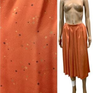70s Orange Silk Pleated Midi Skirt w Tiny Star Print 