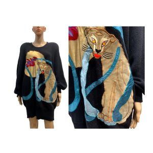 80s  Black Batwing Sweater CAT Puma Appliqué Tunic 