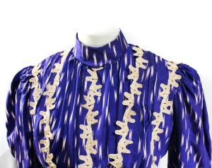 1900s Antique Dress - Cobalt Blue & White Lightning Bolt Silk - Gorgeous Edwardian Waist & Skirt - Fashionconservatory.com