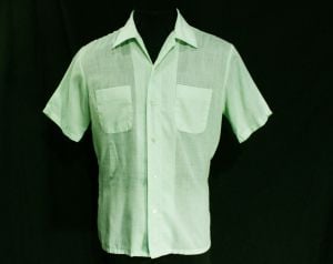1960s Men's Shirt - Sheer Seafoam Green Cotton with Lion Crest Logo - Pick Stitching - Mr California