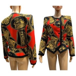 80s Baroque Scarf Print Pepum Blazer | Red Black Gold Cherub Chain | - Fashionconservatory.com