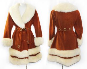 Rock Star 1960s Coat - Large Rust Brown Jacket with Sheeps Fur Collar Cuffs & Hem - 60s Mini Length