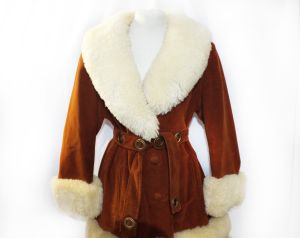 Rock Star 1960s Coat - Large Rust Brown Jacket with Sheeps Fur Collar Cuffs & Hem - 60s Mini Length - Fashionconservatory.com