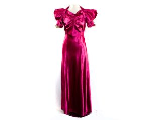 1930s Evening Dress - Small Raspberry Wine Satin 30s Formal Gown - Ruffle Sleeves & Pastel Flowers