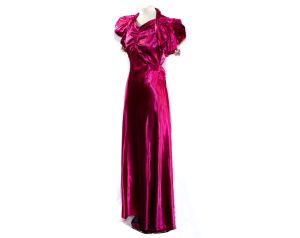 1930s Evening Dress - Small Raspberry Wine Satin 30s Formal Gown - Ruffle Sleeves & Pastel Flowers - Fashionconservatory.com