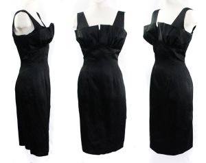 1950s Marilyn Black Dress with Shelf Bust - Small 50's Bombshell Fitted Satin Hourglass Cocktail 