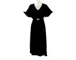 Large 1930s Dress - Art Deco Black Crepe & Cut Velvet with Rhinestone Buckle - 30s Hollywood Chic 