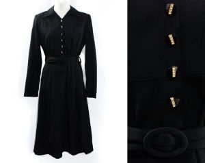 Large 1930s Dress - Authentic 30s Black Wool Gabardine Long Sleeve Dress - Art Deco Buttons