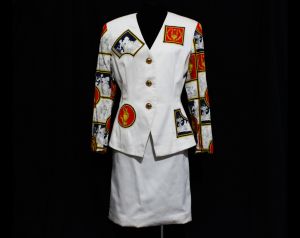 Pierre Balmain Jacket & Skirt - 1990s Posh Designer Power Suit - White Cotton with Greek Scenes