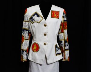 Pierre Balmain Jacket & Skirt - 1990s Posh Designer Power Suit - White Cotton with Greek Scenes - Fashionconservatory.com