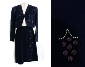 1940s Gabardine Suit - Navy Wool Exceptional 40s Bolero Jacket & Wrap Skirt with Satin Grapes Studs