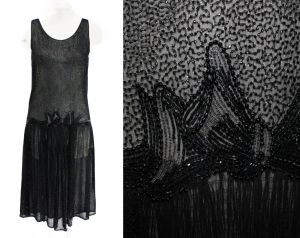 1920s Flapper Dress - XS Sheer Black Silk with Beaded Trompe L'Oeil Bow ''Sash'' - Bust 32