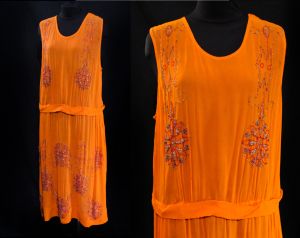 1920s Flapper Dress - Large Art Deco Party Cocktail - Bold Orange Beaded Silk Chiffon - Bust 40.5 - Fashionconservatory.com
