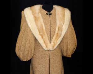 1930s Dress with Balloon Sleeves - Authentic 30s Toffee Tan Wool Zip Front - Paramount Pictures - Fashionconservatory.com