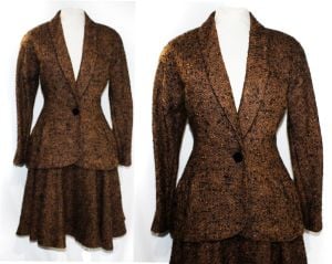 Fleck Suit by Hanae Mori - 80s 90s Tailored Jacket & Full Skirt - Copper Brown Black Wool