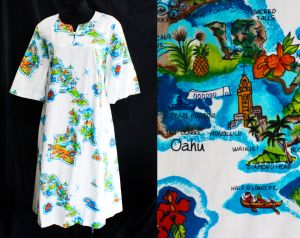 Hawaiian Sun Dress - Large XL 1960s Novelty Hawaii Island Map Print - White Turquoise - Bust 42.5