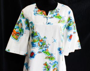 Hawaiian Sun Dress - Large XL 1960s Novelty Hawaii Island Map Print - White Turquoise - Bust 42.5 - Fashionconservatory.com