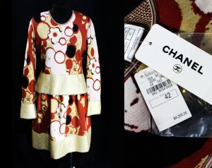 Chanel Dress Set - Autumn 2005 - Deco Floral Bubbles Intarsia Cashmere Knit & Quilted Gold Leather