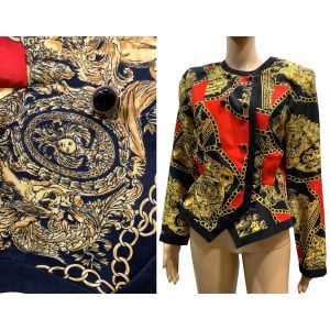 80s Baroque Scarf Print Pepum Blazer | Red Black Gold Cherub Chain |