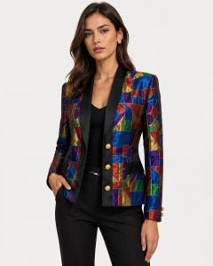 1973 Made Italy Jewel-Tone Geometric Silk-Blend Blazer