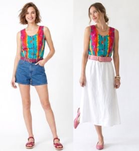 Vintage 80s Tropical Floral Cotton Crop Top Bright Sleeveless Blouse S