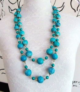 Vintage VENDOME turquoise mottled, satin & textured beads & crystals double strand necklace