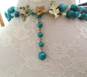 Vintage VENDOME turquoise mottled, satin & textured beads & crystals double strand necklace - Fashionconservatory.com
