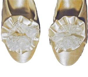 1960s Satin Pom Pom Slippers, Kitten Heels, Burlesque Boudoir Shoes, MCM - Fashionconservatory.com