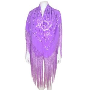 Vintage Embroidered Silk Shawl Violet w Hand Knotted Fringe