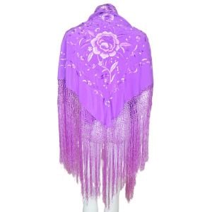 Vintage Embroidered Silk Shawl Violet w Hand Knotted Fringe - Fashionconservatory.com