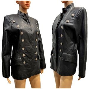 90s Black Leather Military Style Jacket with Silver Buttons Power Chic